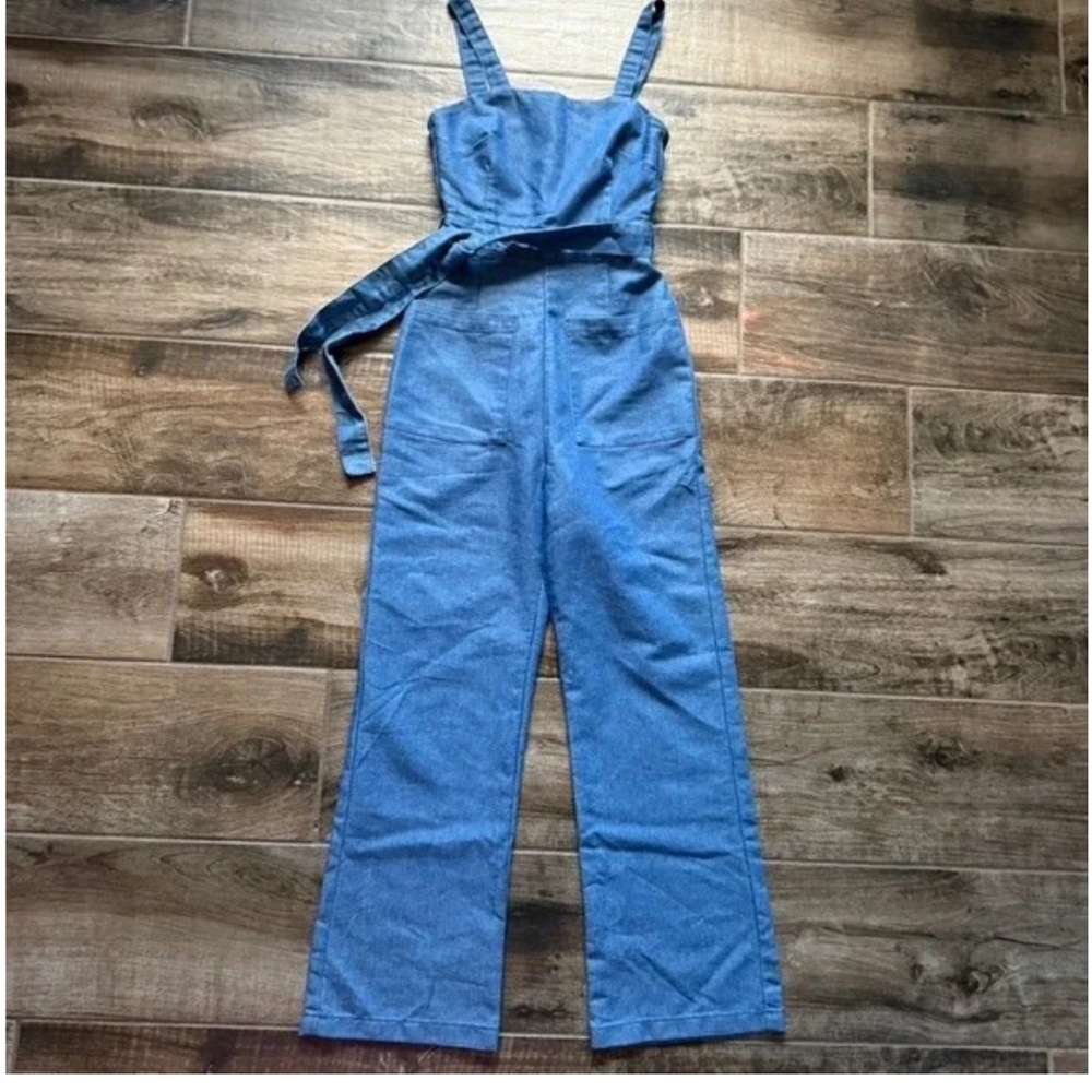 Urban Outfitters Blue Women's Denim belted wide leg Overalls